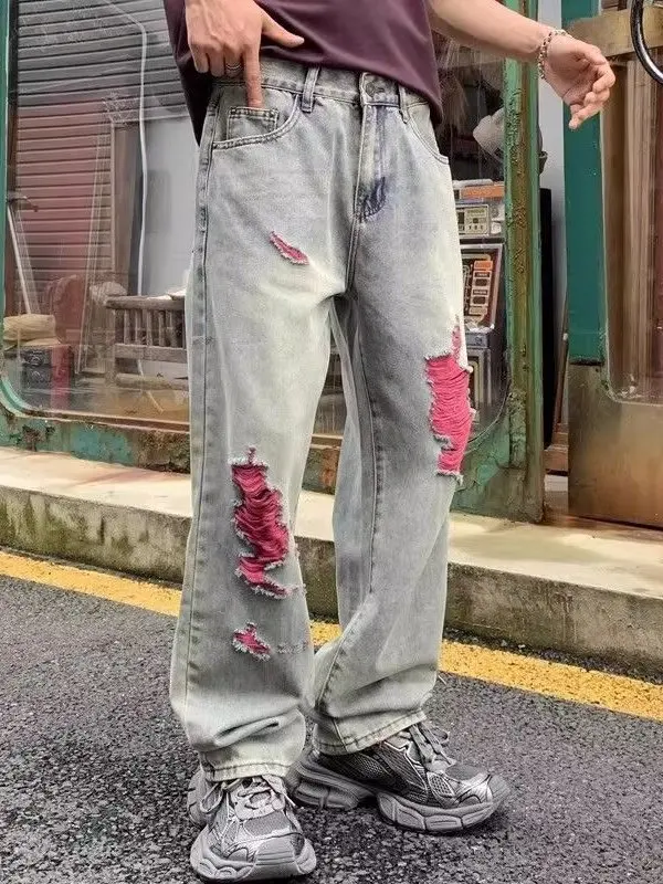 

Джинсы унисекс High Street Vibe с прямыми широкими штанинами, дизайнерские, с рваным краем и дырками, повседневные длинные брюки из денима