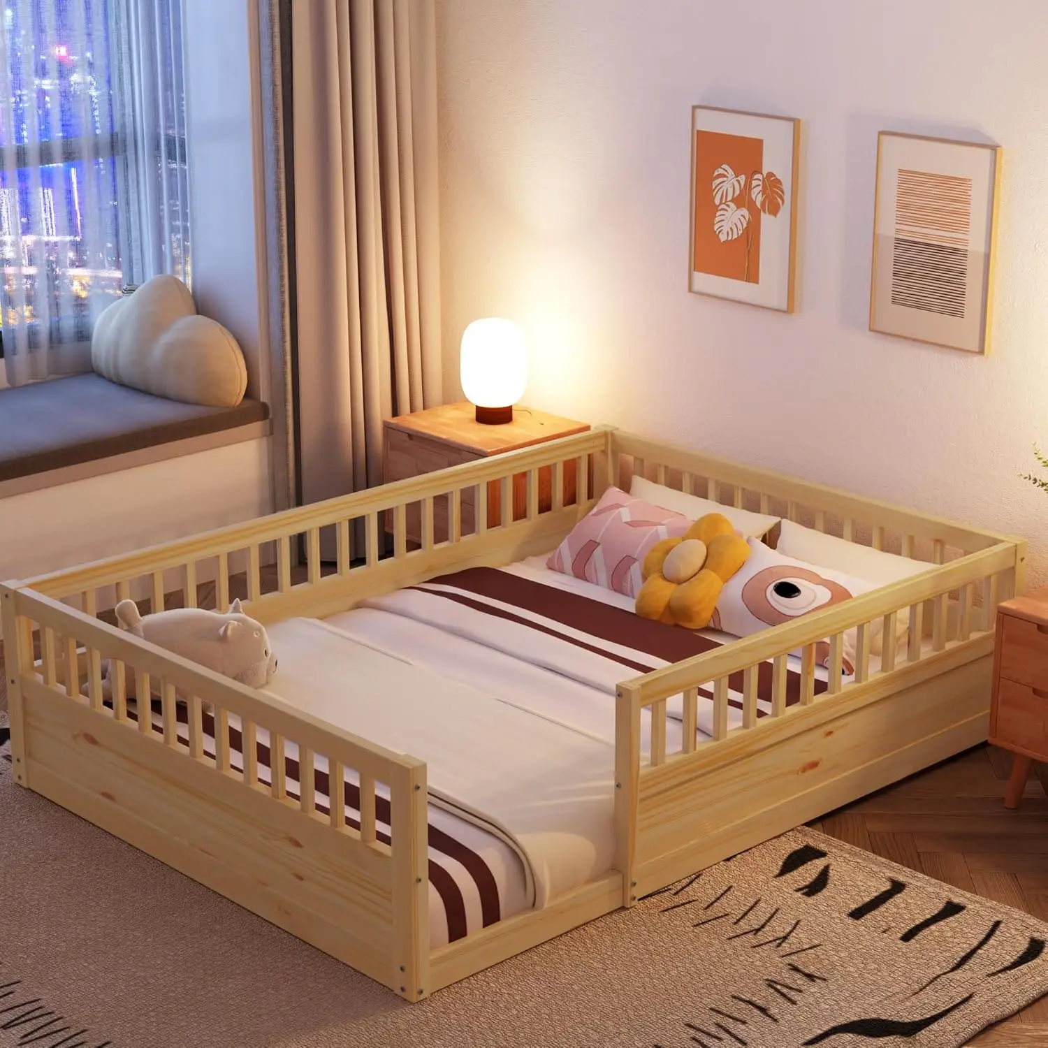 Ball & Cast Full Size Montessori Floor Bed With Fence And High Guardrails,Platform Bed Frame W/Solid Wood Baffle Design & Open