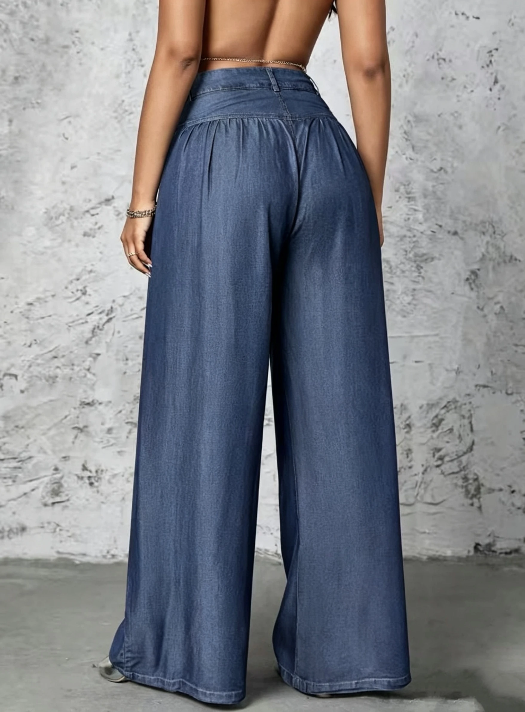 High-waisted, V-shaped Pleated Denim Wide-leg Pants with a Trendy, Chic Style—Flowy, Relaxed-fit, Floor-length Trousers.
