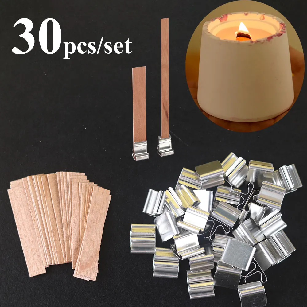 30PCS Natural Wooden Candle Wicks With Clip Base for DIY Paraffin Candle Jar Making Handmade Tool Burning Smokeless Candle Core