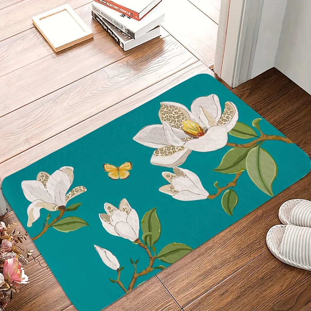 

Magnolia Decorative Washable Indoor Doormat - Vibrant turquoise with white magnolia and butterfly pattern, Machine washable