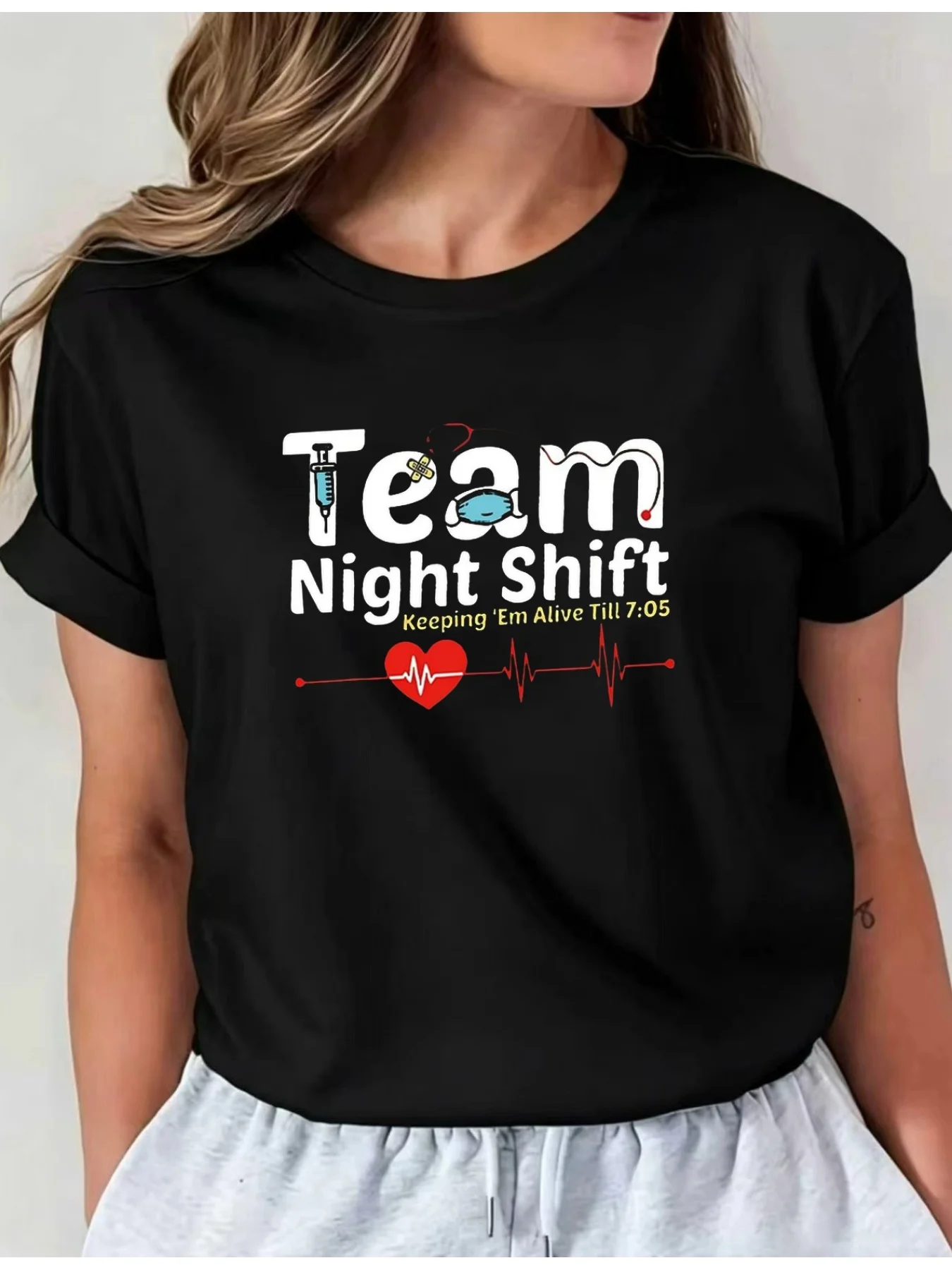 Team Night Shift Theme Graphic Print Women's T-Shirt Short Sleeve Round Neck Casual Top, Suitable for Summer and Spring Women's Clothing I01 Casual Round Neck Top, Comfortable Women's Clothing
