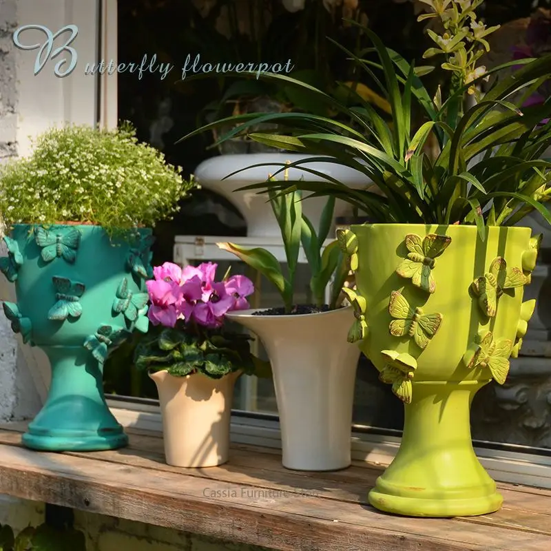 Butterfly High-Foot Planter for Garden, Elegant Wine Glass Vase for Tabletop, Ceramic Container for Balcony Home Decor