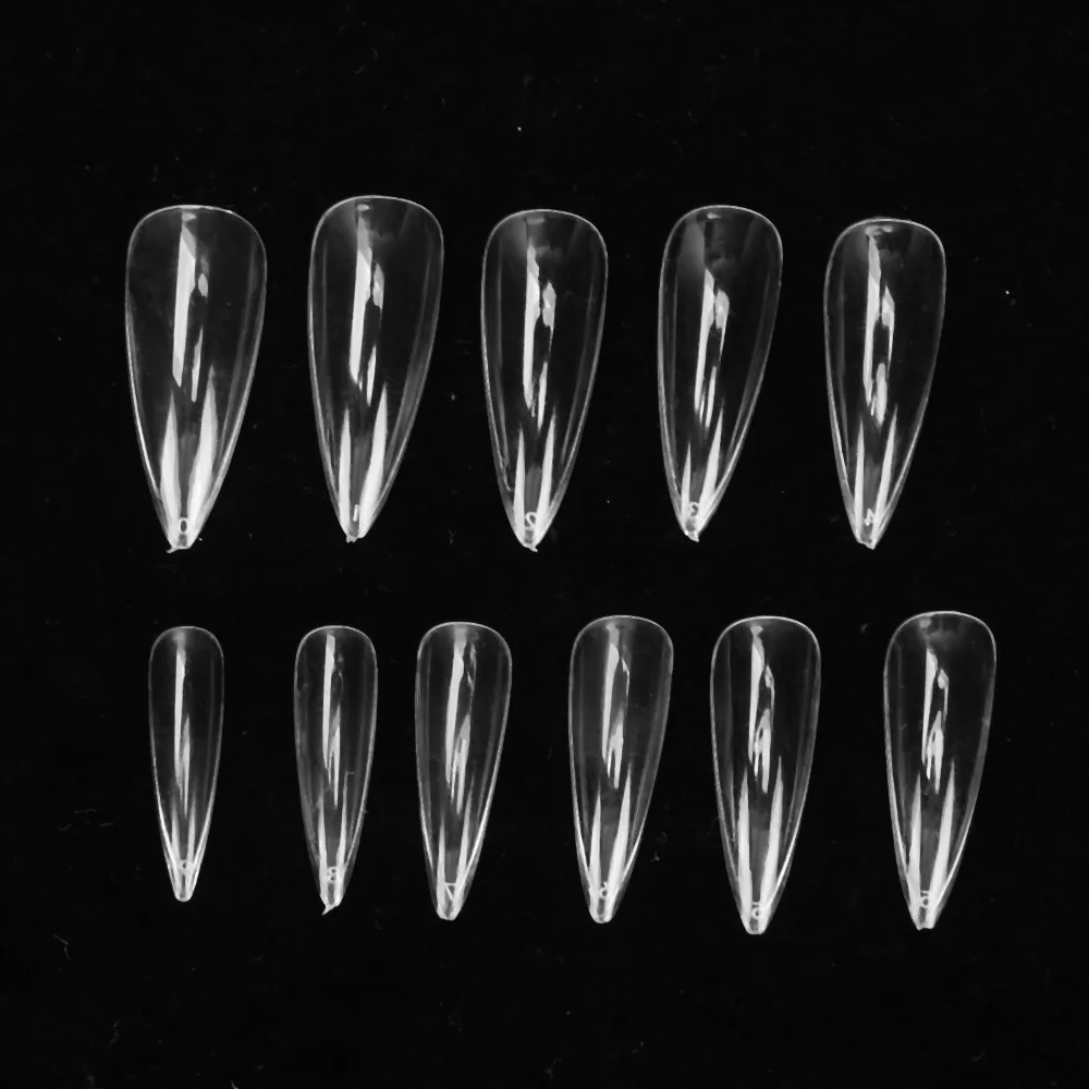 500PCS ABS Full Cover Clear Stiletto Nail Tips Glossy Finish 10 Sizes Long ABS Artificial False Nail Tips Trapezoid Shape