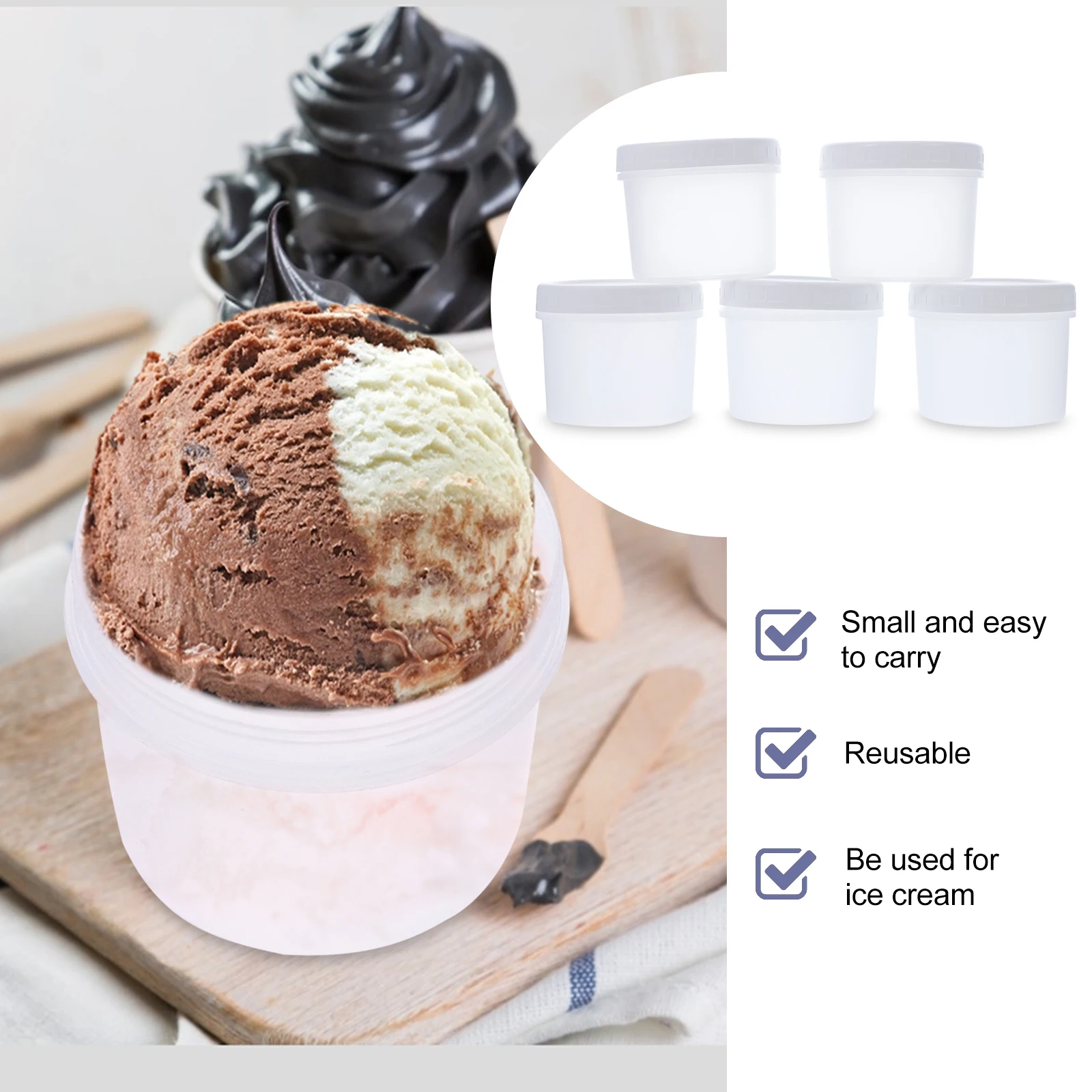 

5pcs Ice Cream Containers Plastic Dessert Cups Freezer Boxes Yogurt Jars Stackable Lids Kitchen Storage PP Material Space