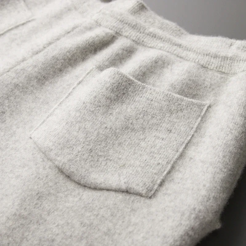 Men's Thick Knitted Long Pants, 100% Pure Wool, Slim Fitting, Monochromatic, Warm, Flat Corner, Autumn, Winter, 2024