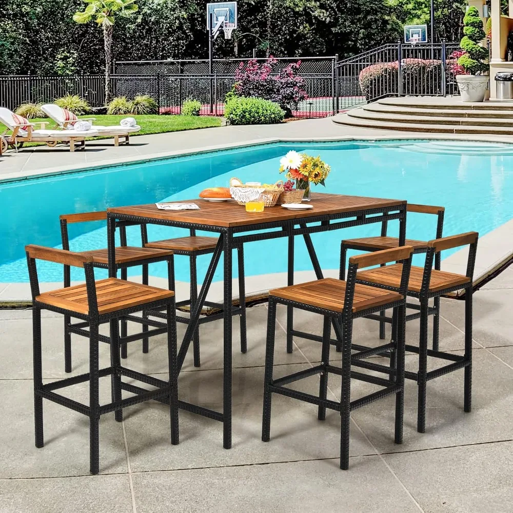

7 Piece Patio Bar Table Set with Umbrella Hole Acacia Wood High-Dining Bistro Set with 6 Bar Stools, PE Wicker, Customized