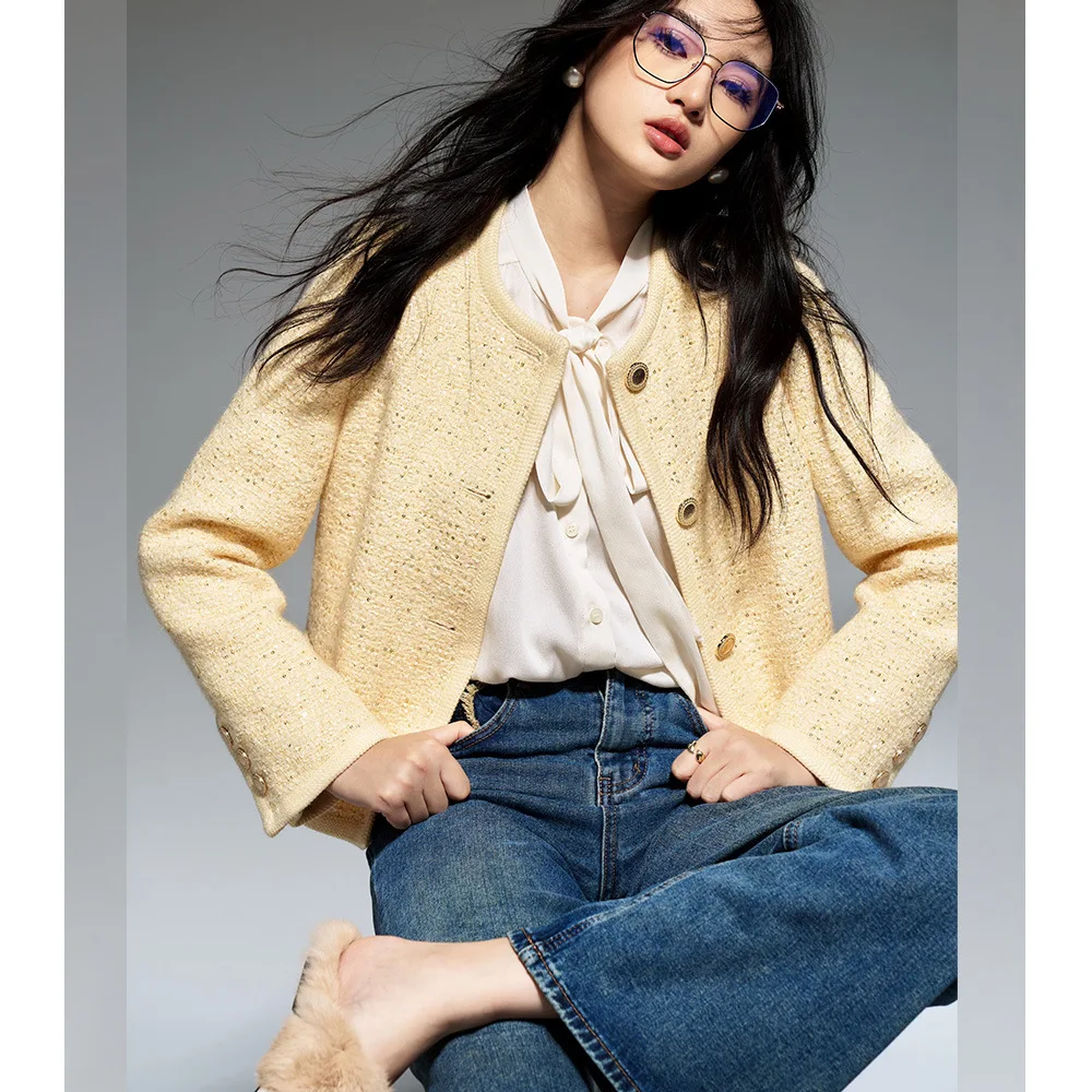 

Spring Autumn Yellow Tweed Jacket Wool Beaded Women's Top Coat