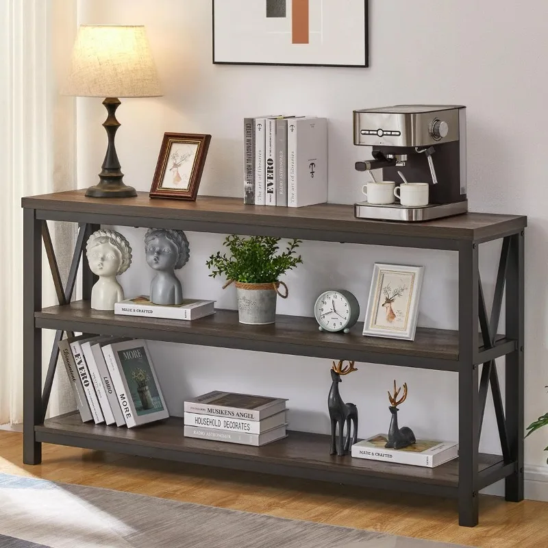 Industrial Console Table for Entryway, Farmhouse Sofa Tables Behind Couch, Rustic Wood and Metal Foyer Table with 3-Tier