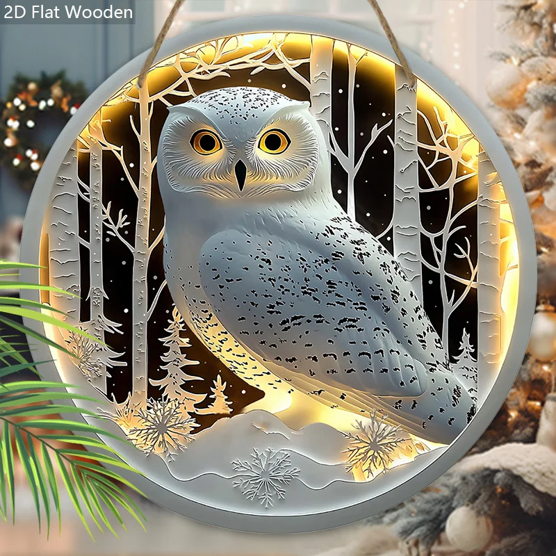 2D Flat Unique Owl Wooden Sign - 1pc Luminous Effect Round Sign for Front Door Wall Hanging Decor Ideal Home Hanging Ornament -