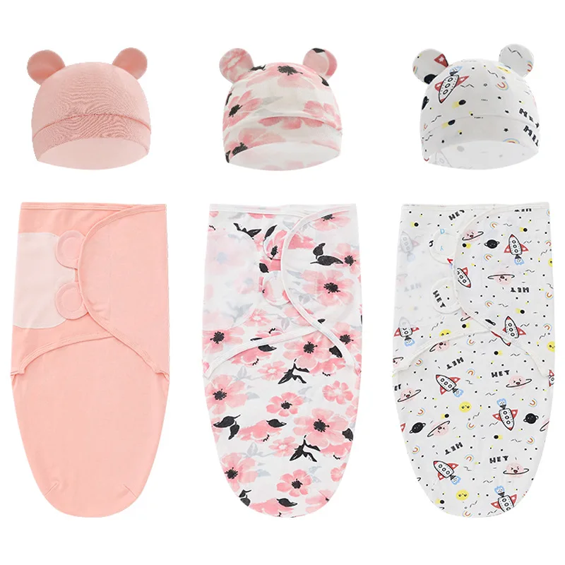 Conjunto de gorro y manta para bebé, manta ajustable de algodón con estampado de dibujos animados para recién nacido, envolturas para dormir para todas las estaciones de 0 a 6 meses