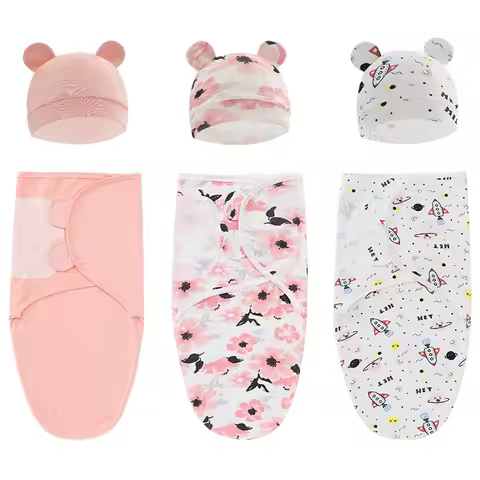 Baby Blanket Hat Set Cartoon Printed Cotton Newborn Swaddle Adjustable Infant Sleeping Wraps All Seasons 0-6 Months