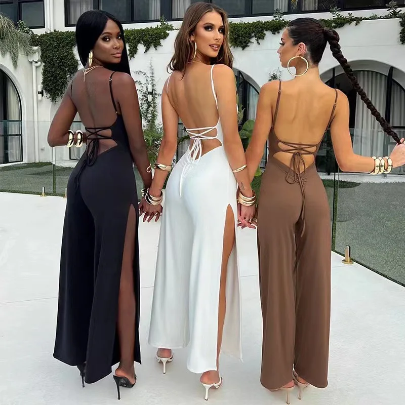 

Summer Women Sexy Y2K Lace Up Backless Strap Rompers Slit Wide Leg Jumpsuit Outfits Vacation Streetwear Overalls