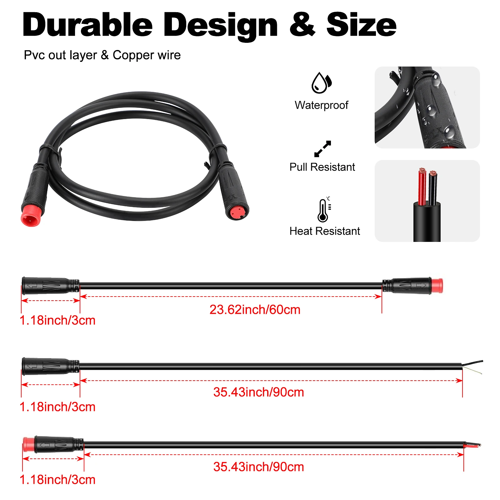 Ebike Waterproof Cables 2Pins Electric Bike Extension Cables for Electric Bike, Brake Cut off Sensor Male to Female Connector