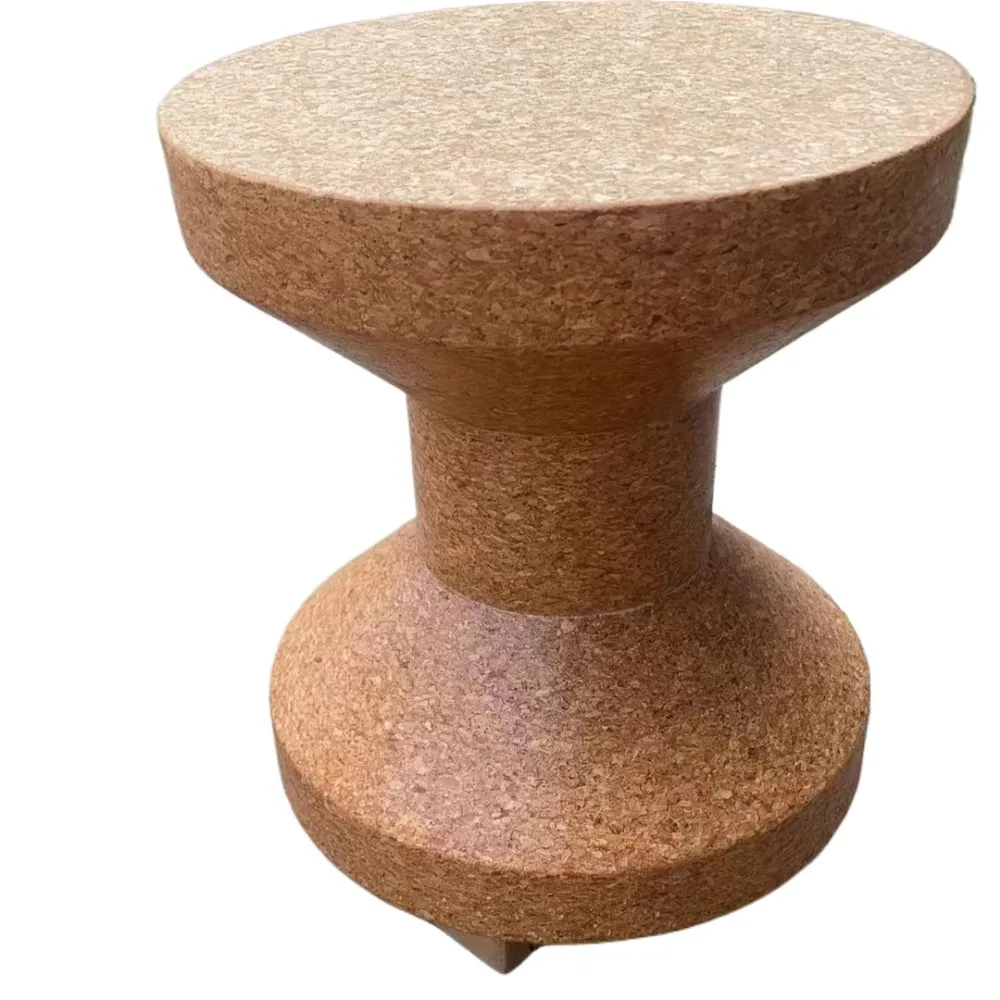 Natural wooden furniture with cork edges, tables and chairs, coffee and tea tables, eco-friendly soft wooden stools
