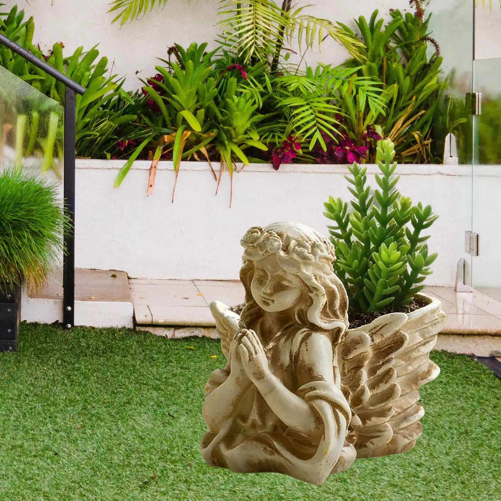 Angel Sculpture Flower Pot Resin Mini Planter Artistic Figurine Vase for Courtyard Decor Home Office Garden Landscape