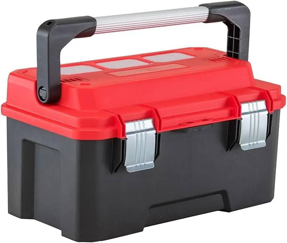 

Lockable 20 Inch Tool Storage Box in Red/Black, Durable and Portable for Workshop Organization