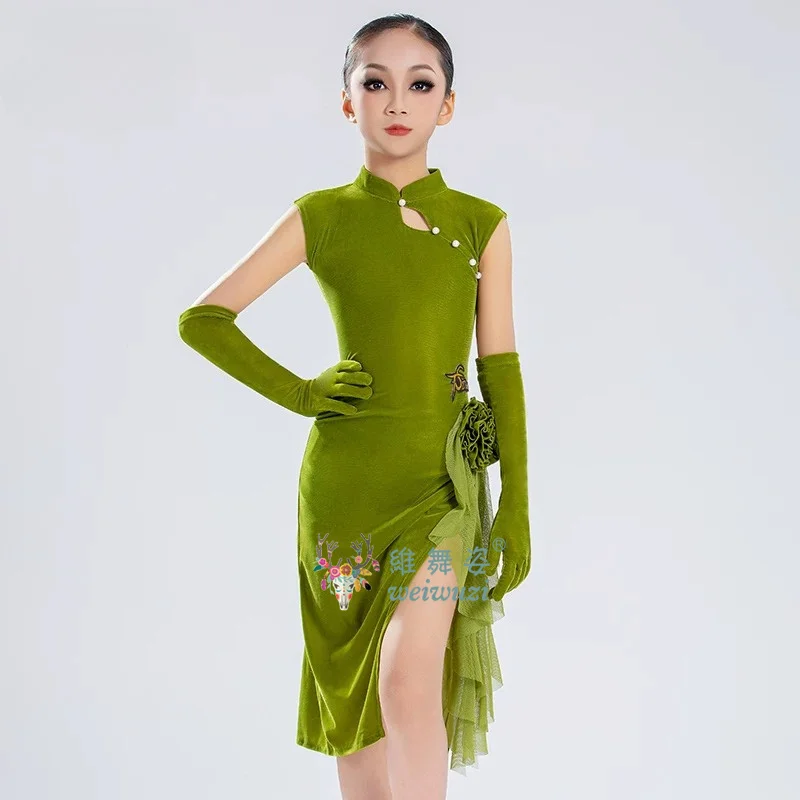 Kinder-Lateintanz-Übungskleid Mädchen Schwarzes Wettkampf-Cheongsam Tanzkleidung Ballsaal-Tanz Chacha Auftritts-Kostüme – Detail 16
