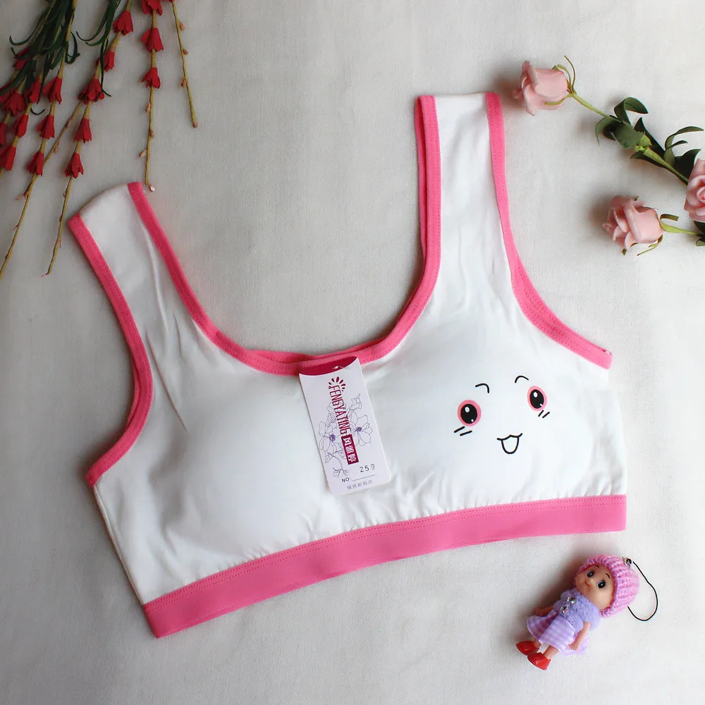 

Cute Cartoon Smiling Girl Development Period Bra No Steel Ring Cotton Sports Vest Student Girl Training Bra Tops 8-16T