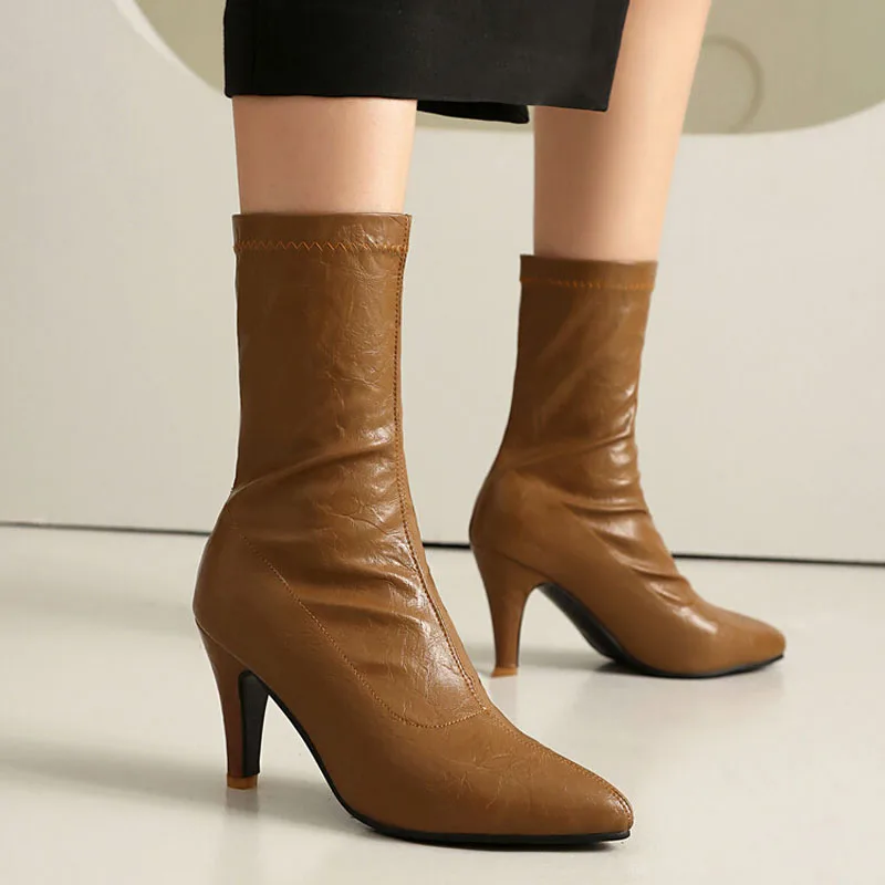 

Pointed Toe Women Elastic Short Boots Fashion Slip On Slim Ankle Booties 8cm High Heel Autumn Winter Ladies Shoes WSH5214