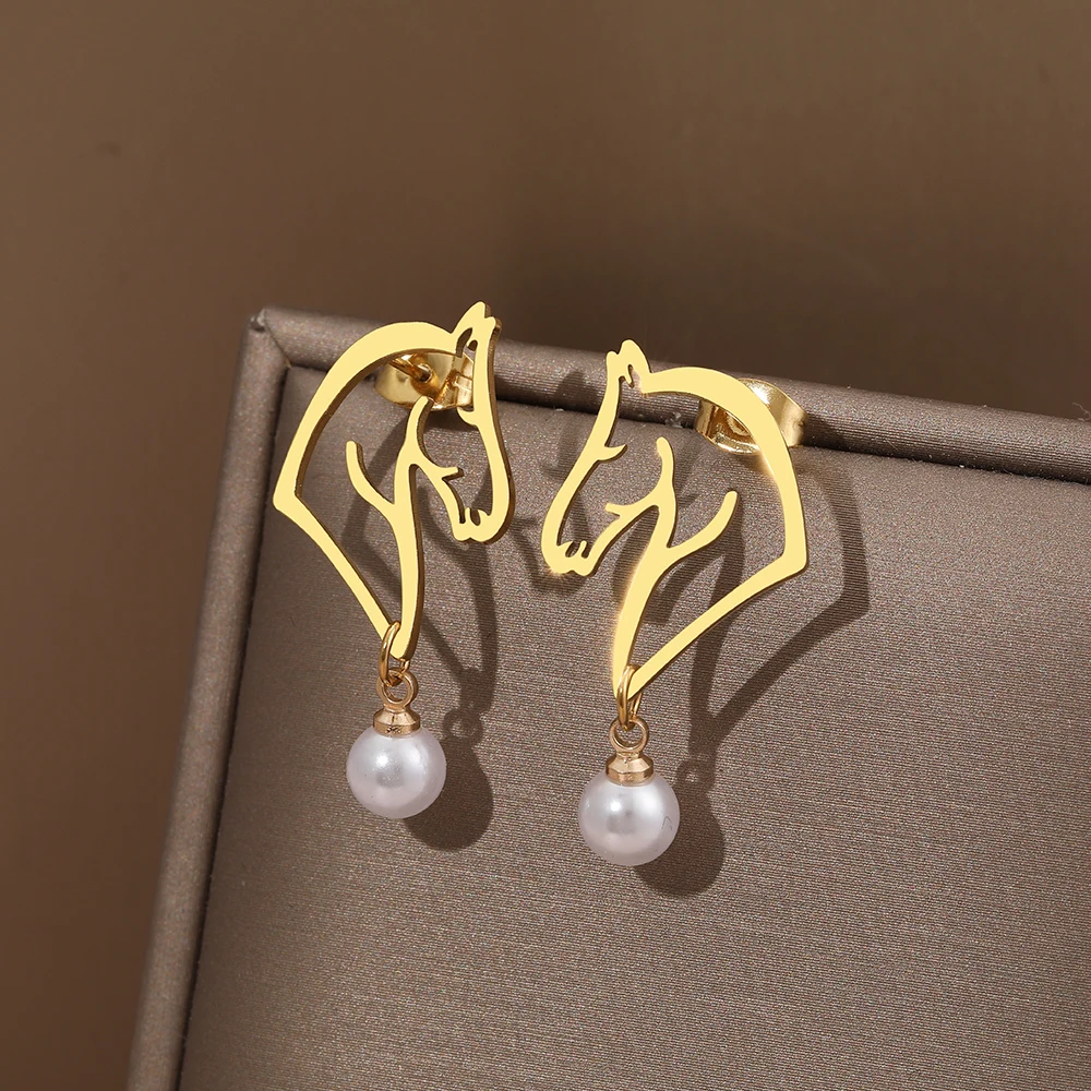 Stainless Steel Earrings 2022 Trend Exquisite Line Horse Design Pearl Charms Pendants Earrings For Women Jewelry Party Gifts NEW