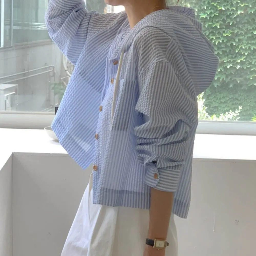 คาร์ดิแกนแฟชั่นกระดุมแถวเดียวทรงหลวมมีฮู้ดเสื้อเสื้อครอปลายแถบสีตัดกัน