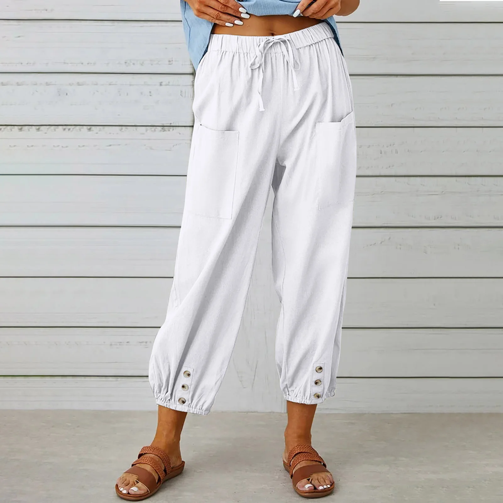 Womens Linen  Linen Pants Casual Drawstring Elastic Waist Cropped Trousers Suitable for Friends Gathering Wear