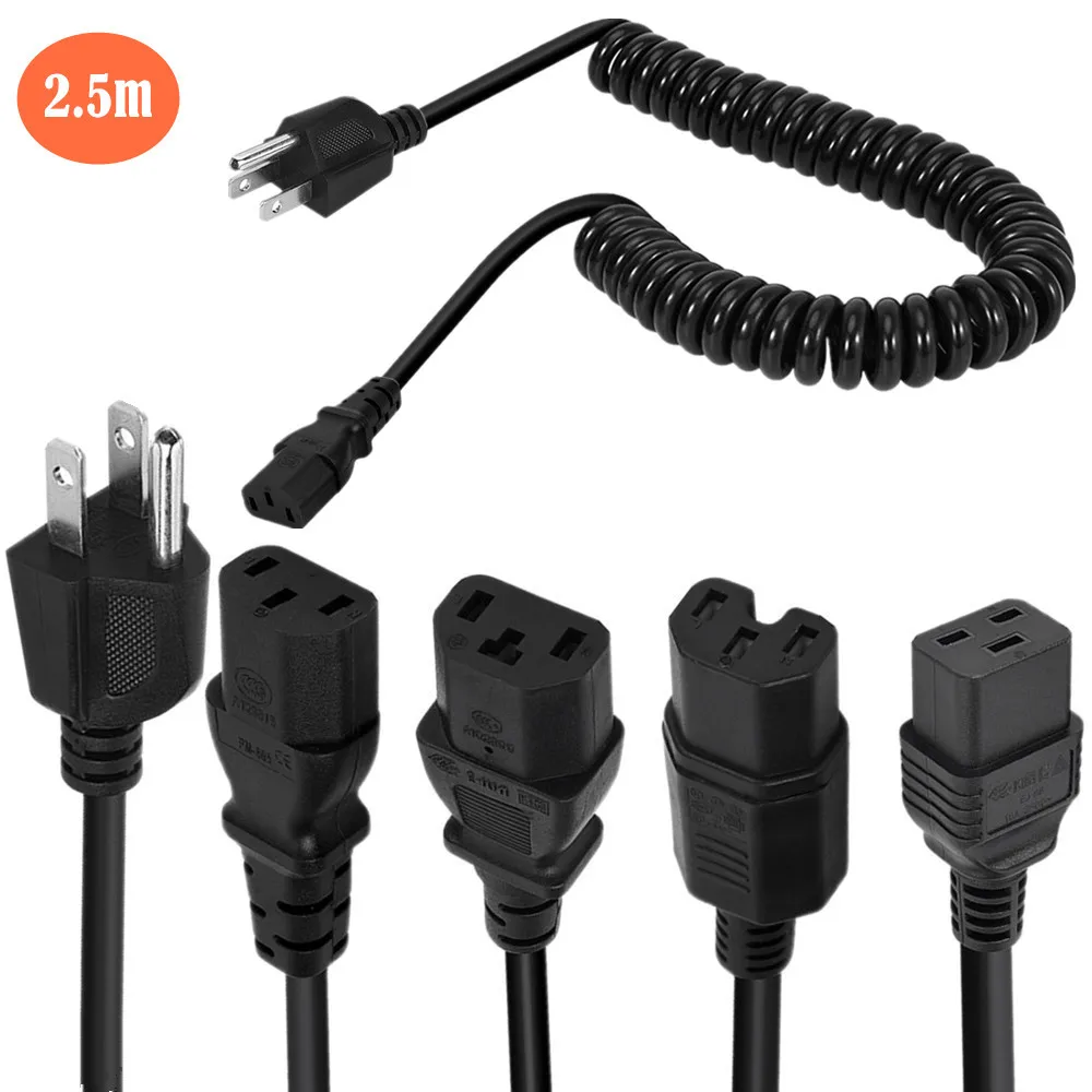 Spiral Coiled 8ft 10 Amps 125 Volts Black 3 Prong AC Power Cord Cable foElectronics,TV,Computer,,Radio,Monitor Laptop and More