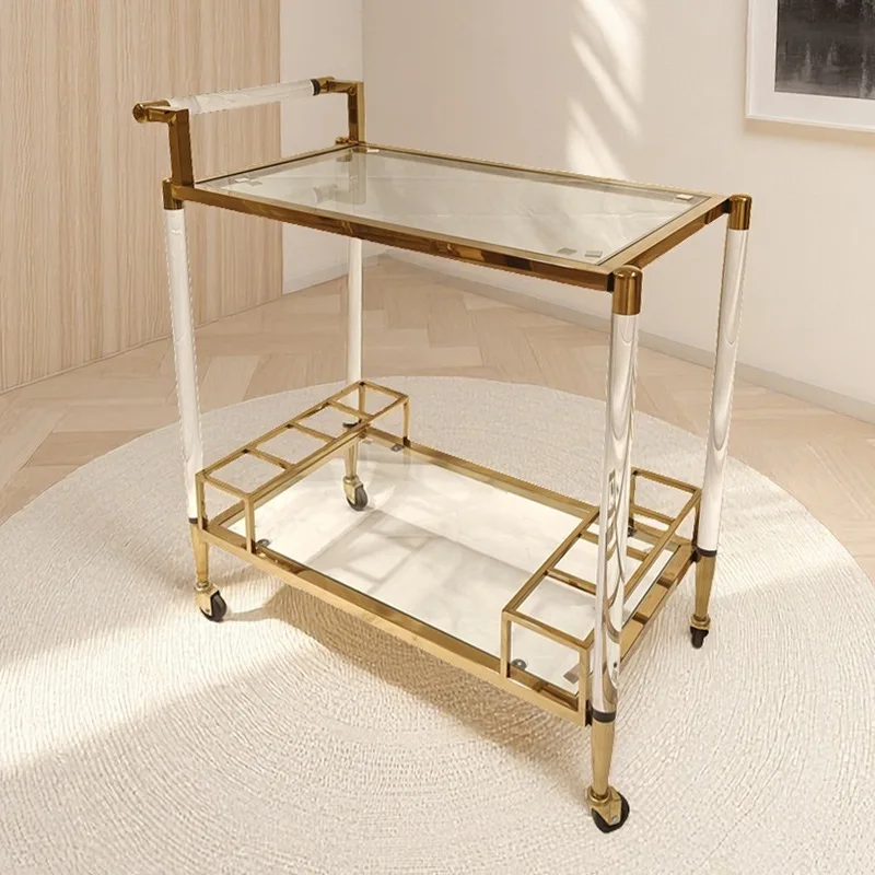 Bar Service Light Luxury Trolley Thickened Acrylic Stainless Steel Gold Dining Cart Restaurant Hotel Wine Cart