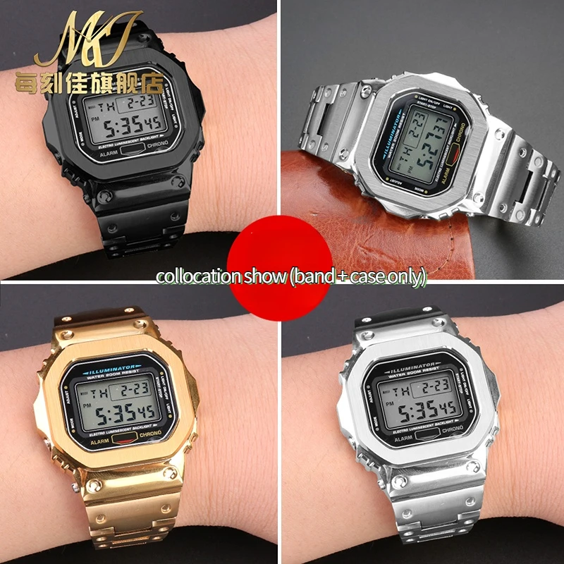 For Casio G-SHOCK metal case strap stainless steel Suit DW5600/GW-M5610/5000 GW-B5600 Modified Cool style Golden black watchband