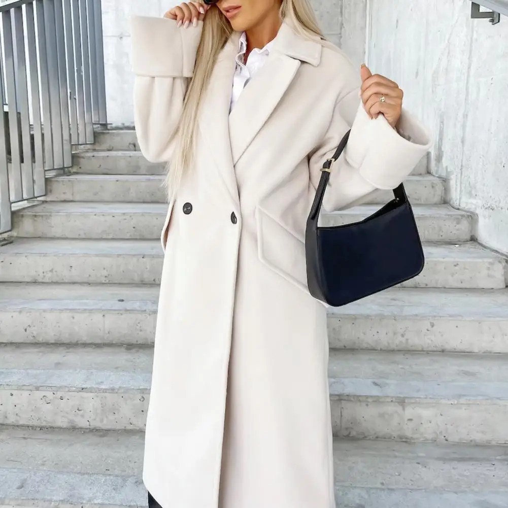 Loose Coat Thick Windproof Mid Length Lapel Overcoat for Women Solid Color Double-breasted Straight for Fall/winter for Women