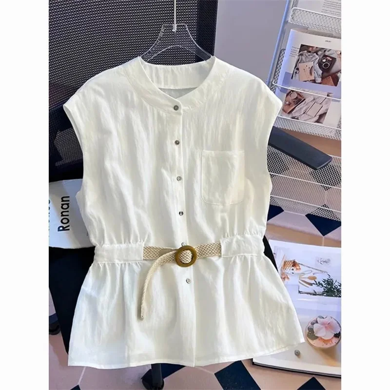 

Women's New Fashion Temperament Stand Collar Tank Top Shirt Women's Summer With Belt Sleeveless Cardigan Chic Loose Top T-Shirt