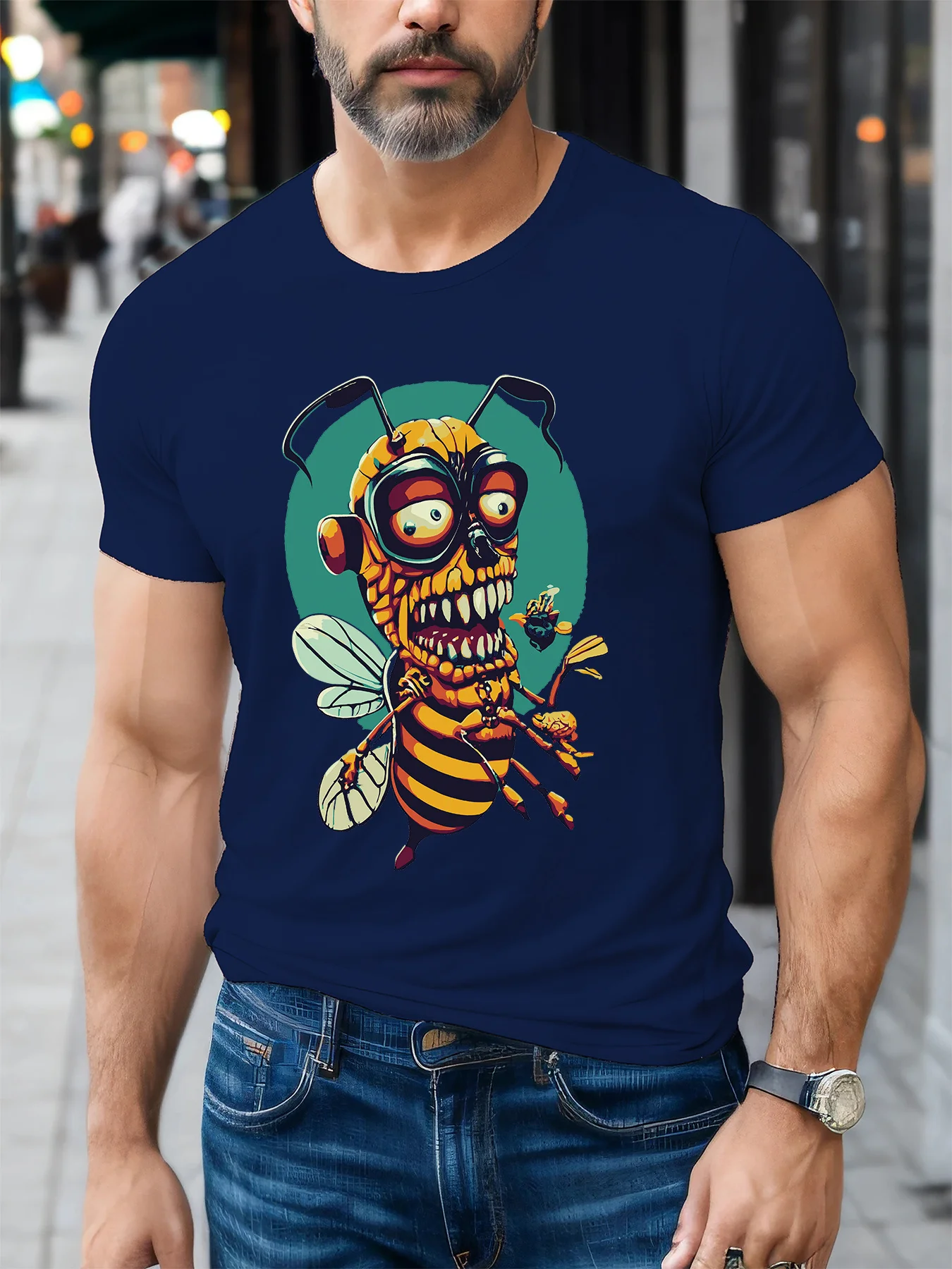 Scary Zombie Bee Print Men Short Sleeve Tshirt Creepy Monster Insect O Neck Tee Weird Art Fan Casual Male Street Fashion Tops