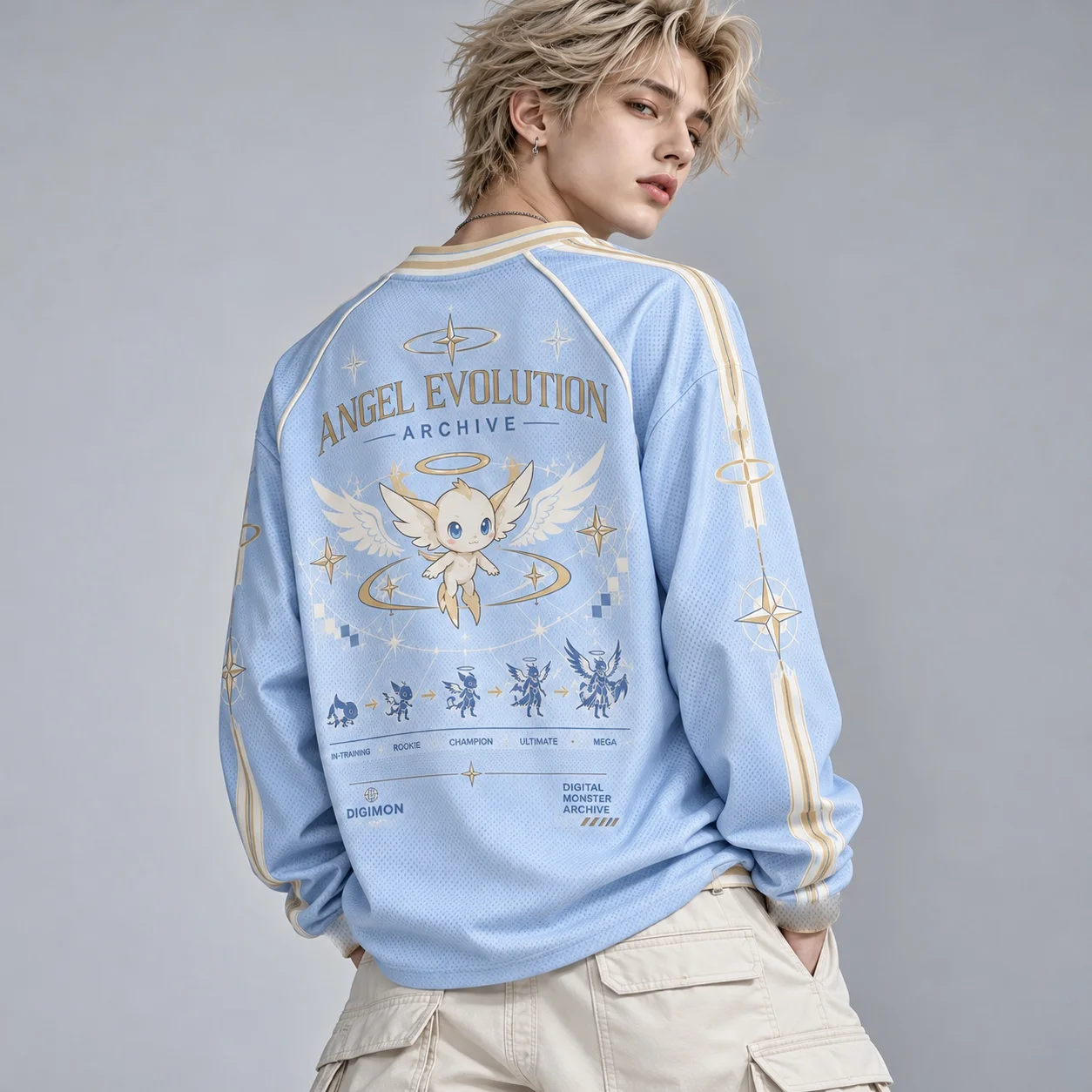 Digimon Mens Long Sleeve V Neck Jersey Angel Evolution Anime Graphic Light Blue Sports Shirt Casual Streetwear