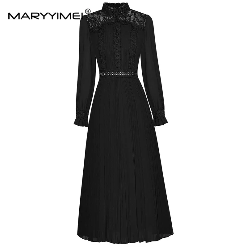 

MARYYIMEI Autumn Fashion Women dress Standing collar Long sleeved Hollowed out Lace Patchwork Elegant Pleated Midi Dresses