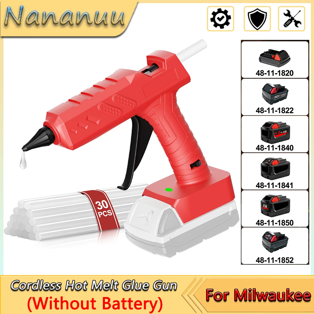 

Nananuu Cordless Hot Glue Gun for Milwaukee 18V Battery With 30pcs 11mm Sticks 30s Quick Preheat For Crafts & DIY (No Battery)