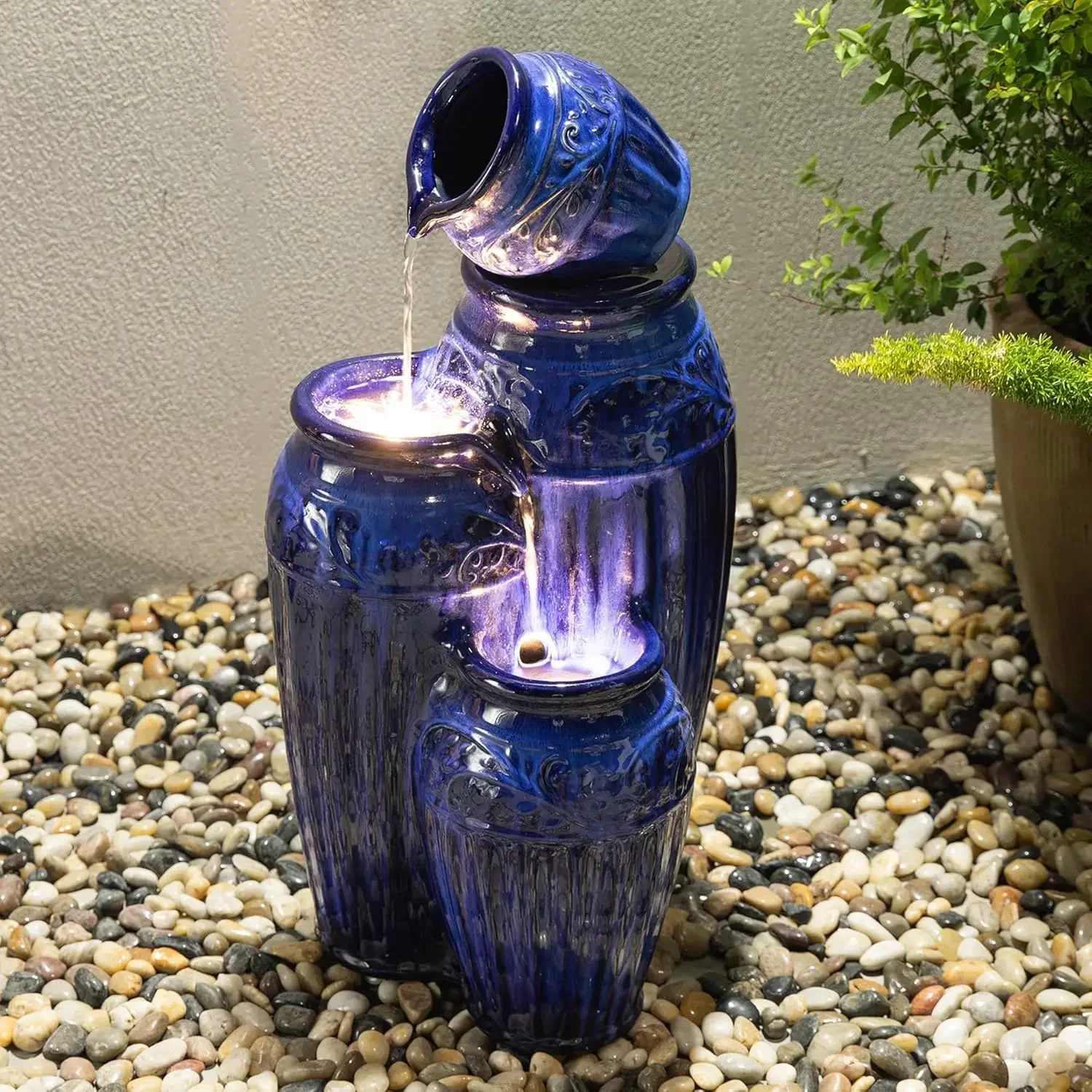 Outdoor Garden Water Fountain with LED Lights and Pump, 4 Tier Cobalt Blue Embossed Pattern Ceramic Pots