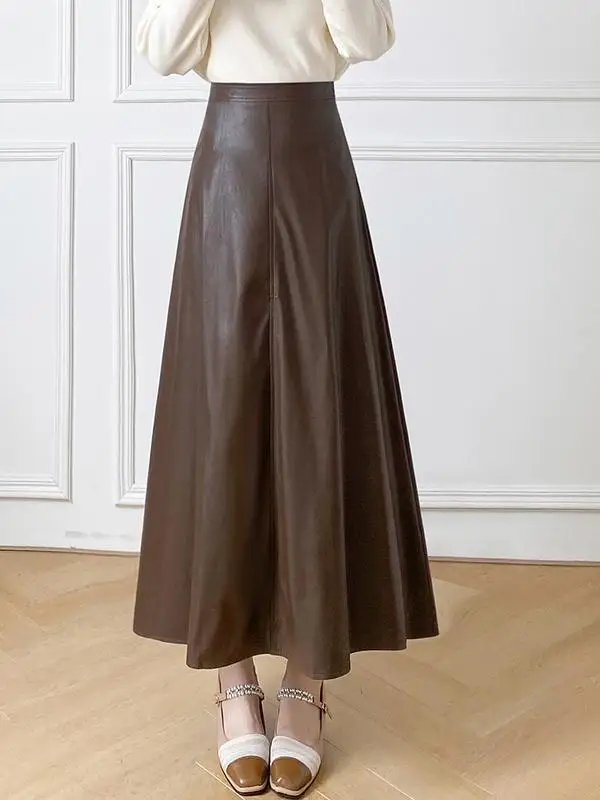 

Новая женская повседневная юбка макси из искусственной кожи с высокой талией, А-силуэт, на молнии, для офиса, осенняя коллекция