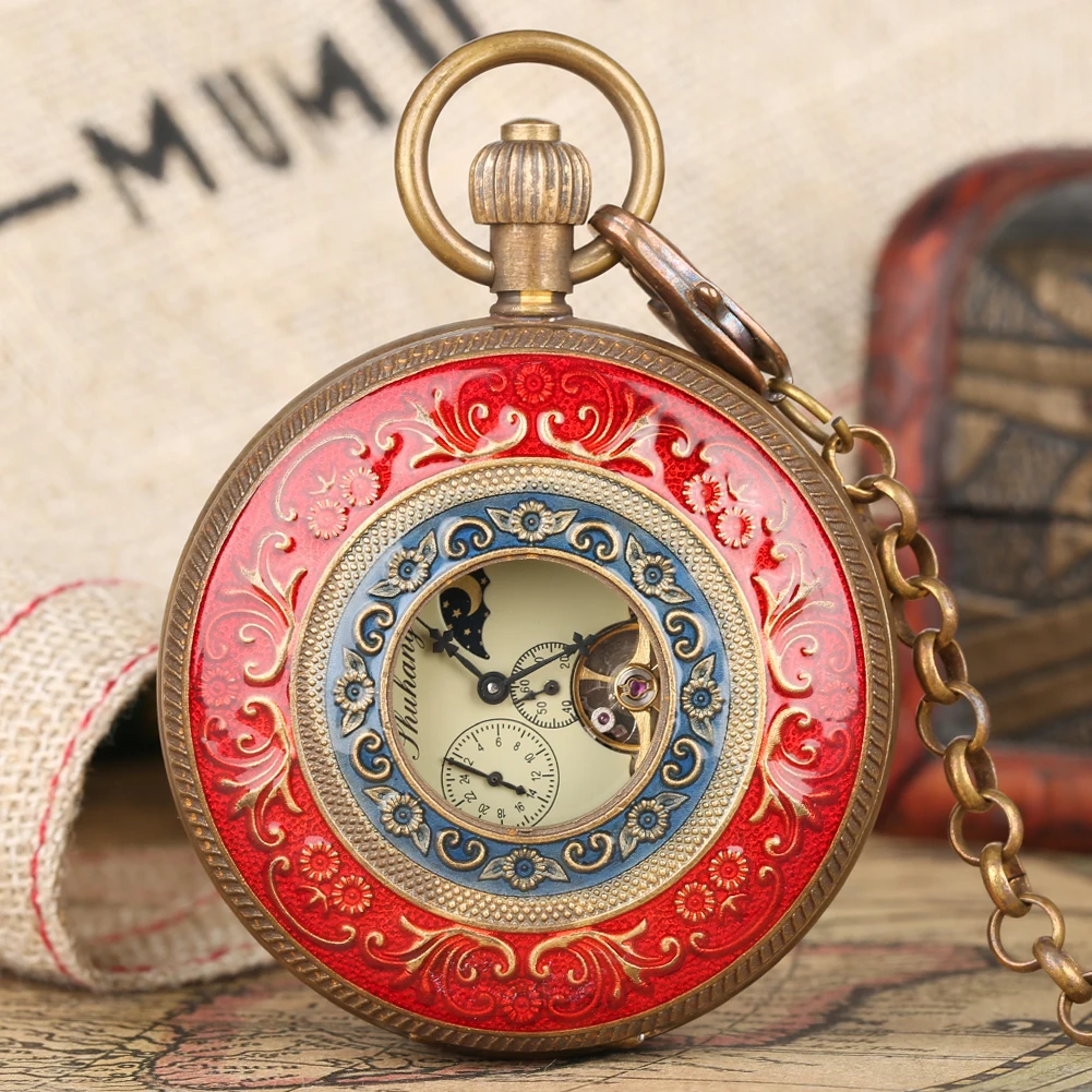 Tourbillon Mechanical Self Winding Copper Pocket Watch Hollow Red Blue Flowers Pattern Decor Luxury Vintage Pendant Timepiece