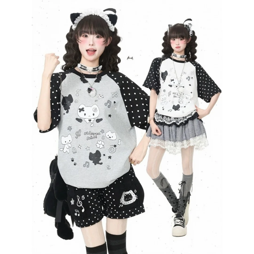Y2K Harajuku Sweet Girl Loose Millennium Girl T-shirt Loose Large Polka Cute Angel Cat Print Summer/Autumn Casual Home Top