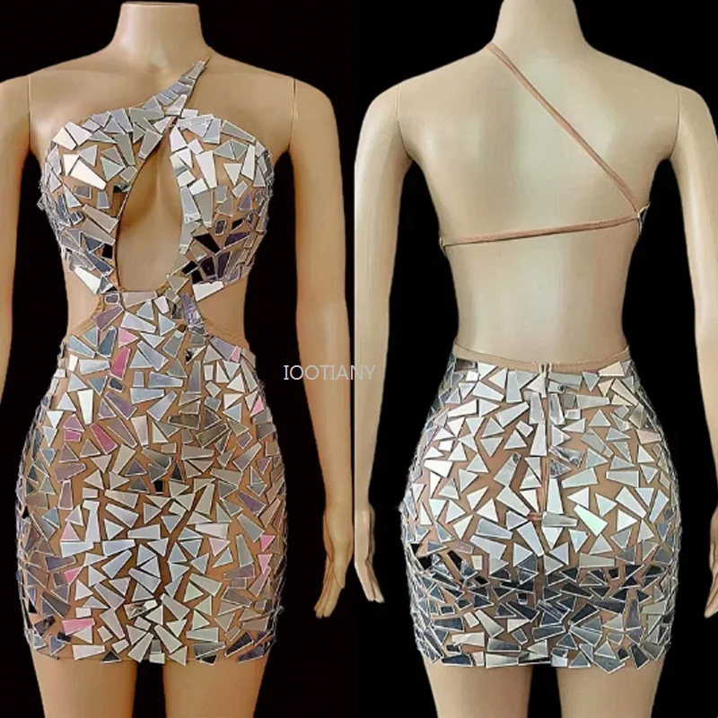 Vestido de noche Sexy con hombros descubiertos para mujer, espejos plateados, lentejuelas huecas, vestidos envueltos en la cadera, ropa de escenario de baile en Barra de Jazz, nuevo