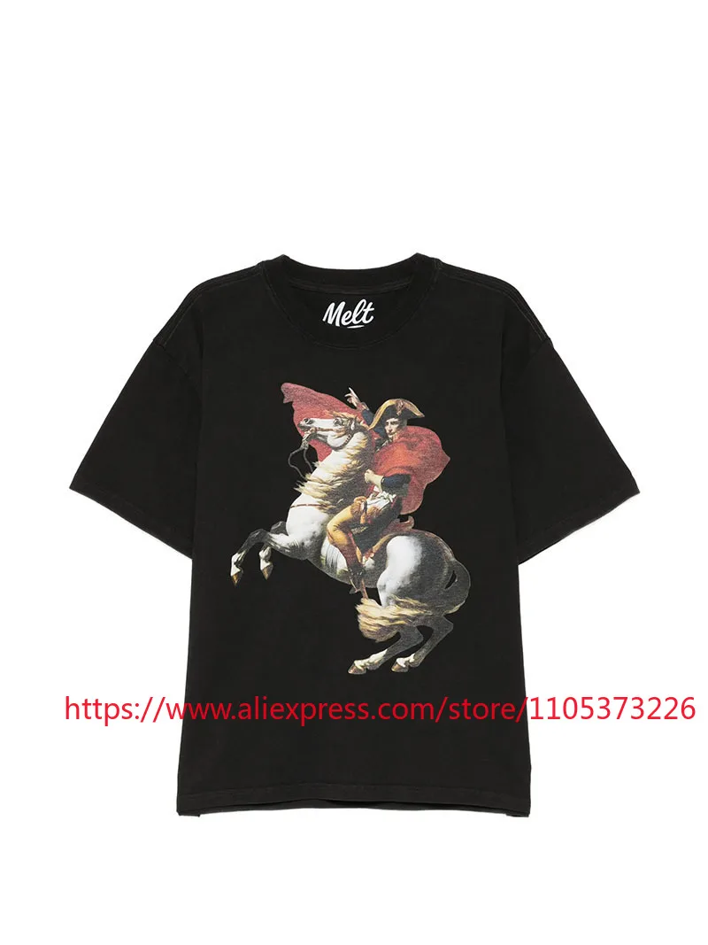 2026 New Arrival Melt Horseback Painting Print T-Shirt Vintage Washed Casual Cotton Short Sleeve Tee