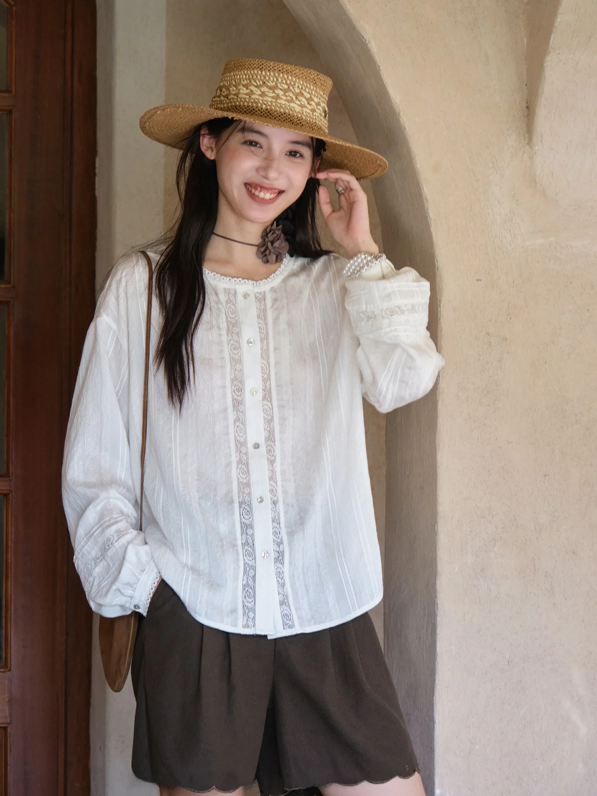 

Botanique Rose Series Double-Sided Wear k Pattern Embroidery Lace Trim Small irt Linen Blend Long Sve round Ne irt