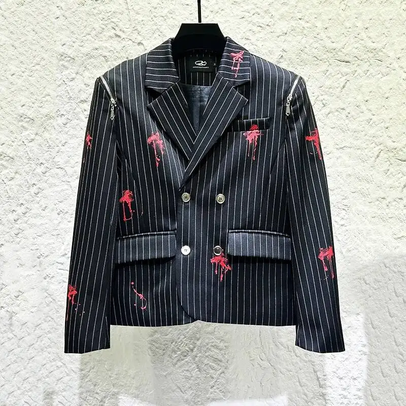 New Personalized Design Graffiti Striped Double-breasted Suit Jacket Loose Straight-leg Trousers Men Two-piece CDF56