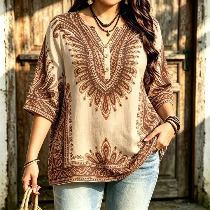 Women Ethnic Paisley Border Print Blouse Notched Neck 3/4 Sleeve Loose Fit For Curvy Figures Daily Casual Ladies Pullover Tops
