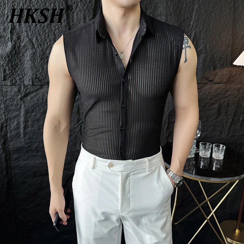 

HKSH Summer Spring New Men's Tide Korean Vest Tank Tops Sleeveless Shirt Slim No Iron Anti Wrinkle Streetwear Waistcoat HK2405