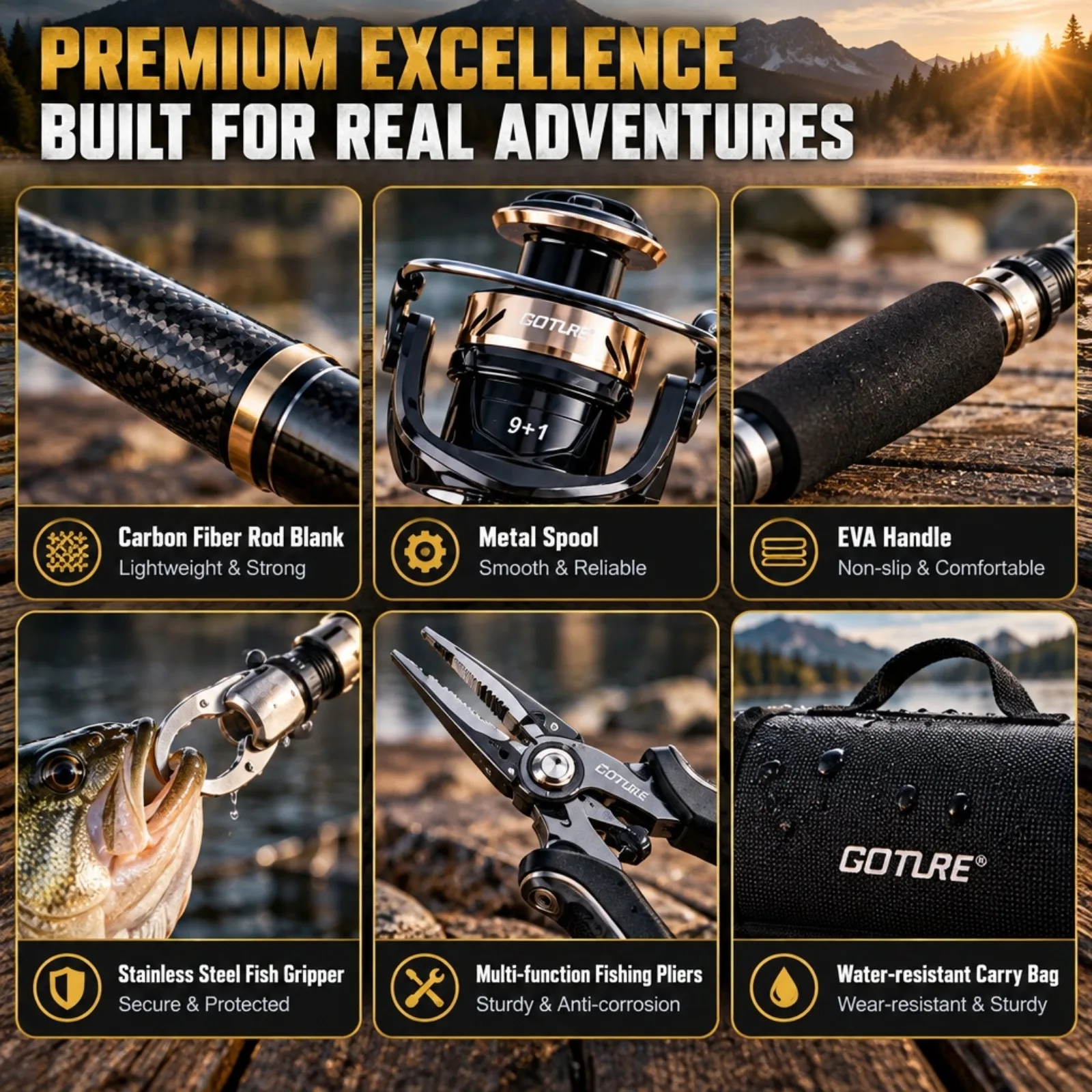 Goture All-in-one 2Pcs Telescopic Fishing Rod Spinning Reel Combo Complete Tackle Kit Carbon Pole Lure Carry Bag Outdoor Fishing