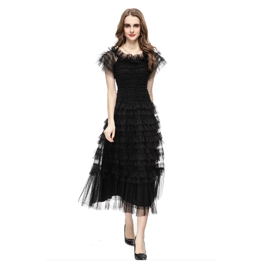 

Party Dress Women's Clothing 2023 Summer New U-Shaped Collar Short Sleeved Elastic Waist Slimming A-Line Gauze Elegant Dresses