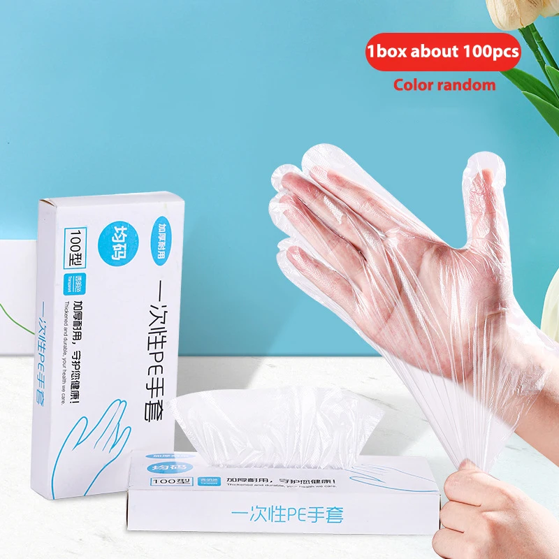 100pcs Latex Free Gloves PE Disposable Gloves Transparent Non-Slip Acid Work Safety Food Grade Household Cleaning Gloves