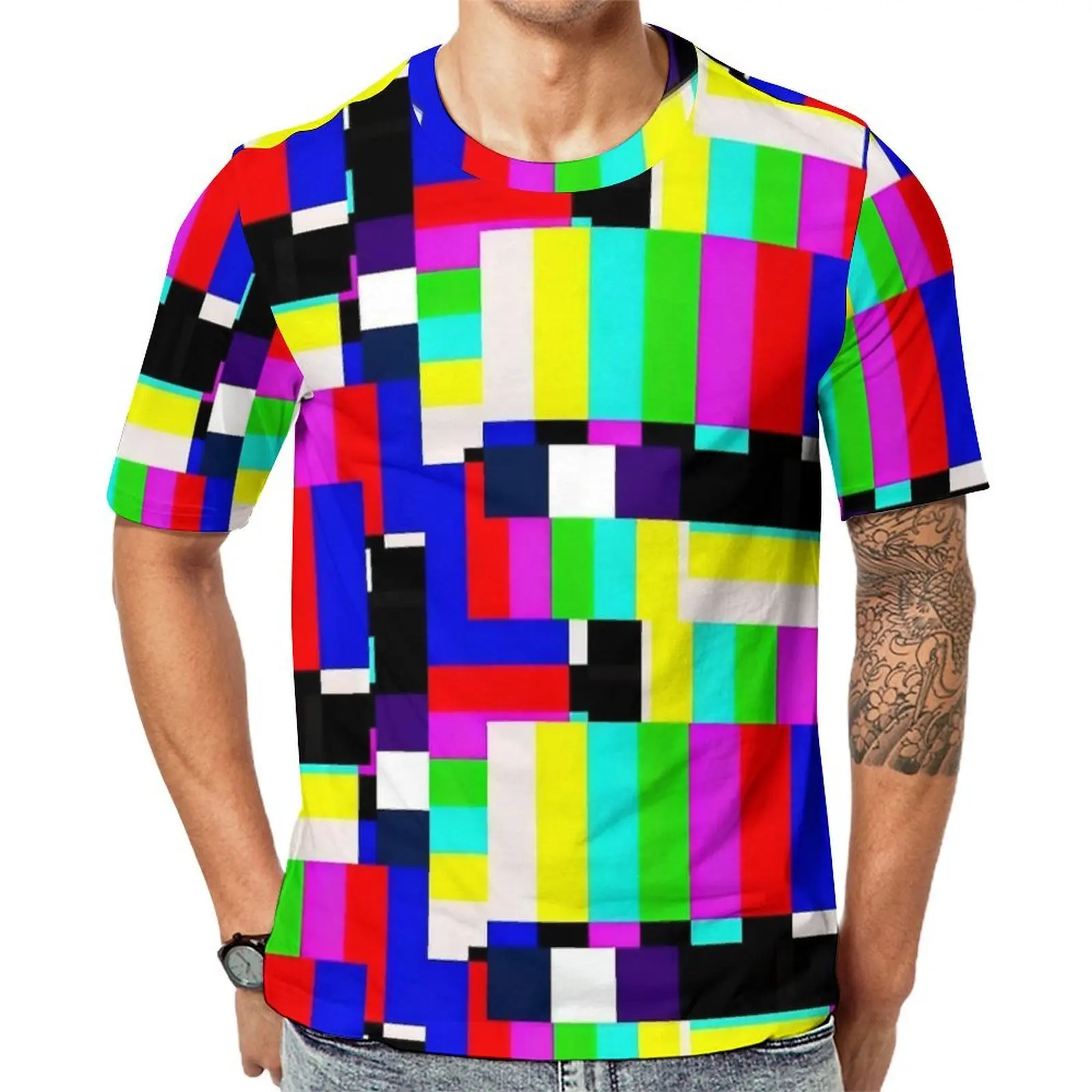 Color Bar Glitch Print T-Shirt  Harajuku T Shirts Men Street Style Tee Shirt Summer Short-Sleeve Graphic Clothes Big Size 6XL